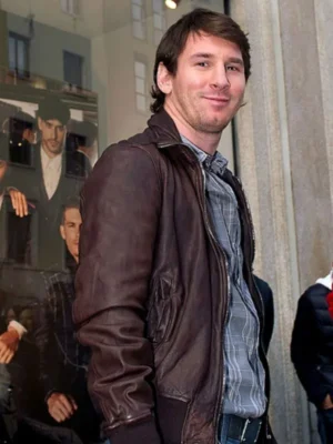 Lionel Messi Brown Leather Bomber Jacket