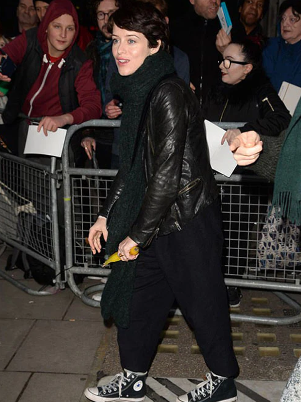Claire Foy Black Leather Biker Jacket