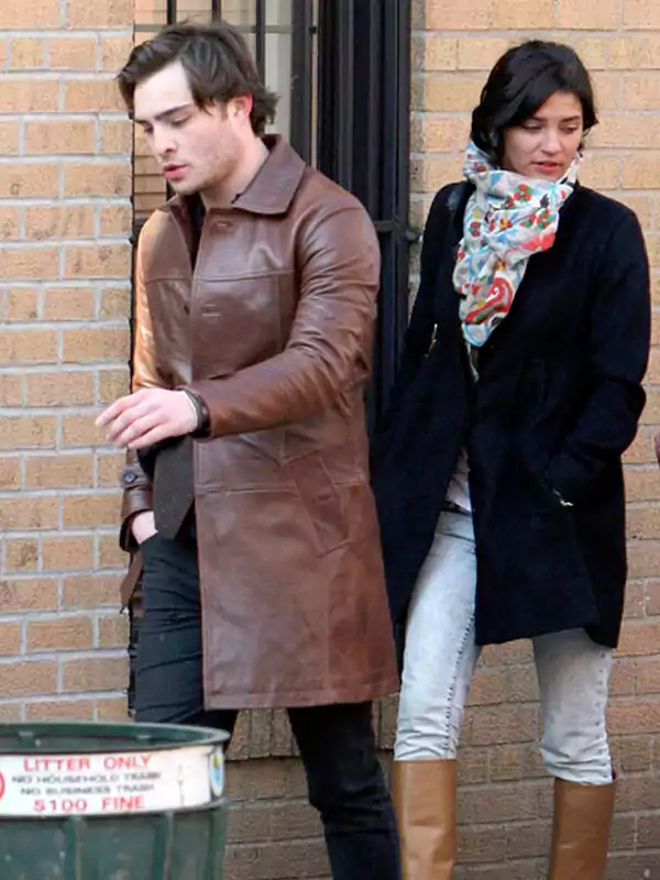 Ed Westwick Brown Leather Coat