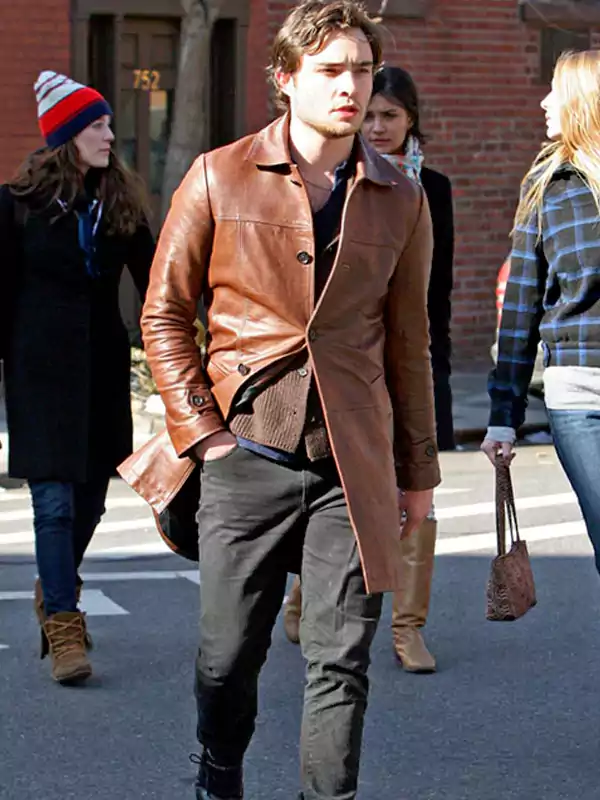 Ed Westwick Leather Brown Coat