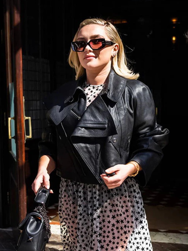 Florence Pugh Black Leather Biker Jacket