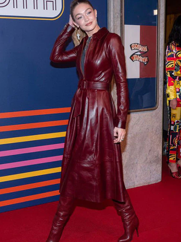 Gigi Hadid Maroon Leather Coat