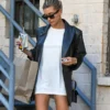 Hailey Bieber Black Leather Coat