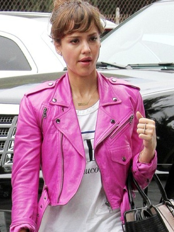 Jessica Alba Pink Leather Biker Jacket