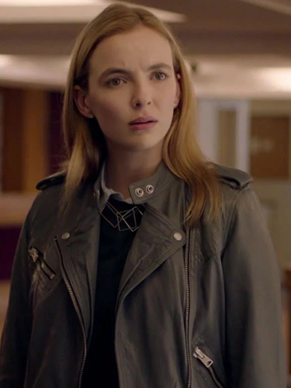 Jodie Comer Gray Leather Biker Jacket