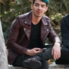 Joe Jonas Singer Burgundy Leather Biker Jacket