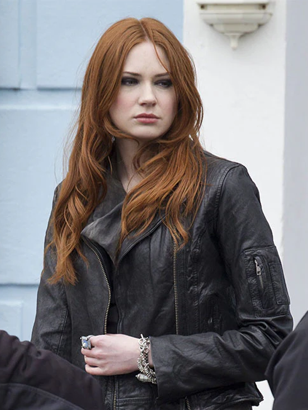 Karen Gillan Black Leather Biker Jacket