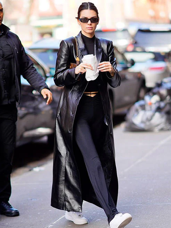 Kendall Jenner Black Leather Long Coat