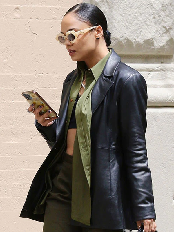 Tessa Thompson Black Leather Blazer Coat