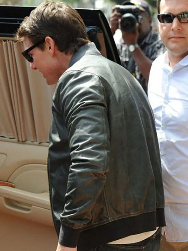 Tom Cruise Actor Gray Leather Bomber Jacket