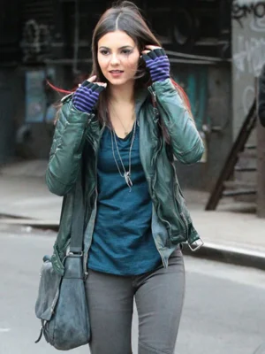 Victoria Justice Green Biker Jacket