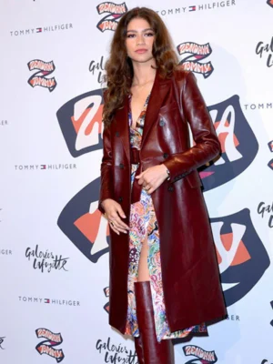 Zendaya Maroon Leather Coat